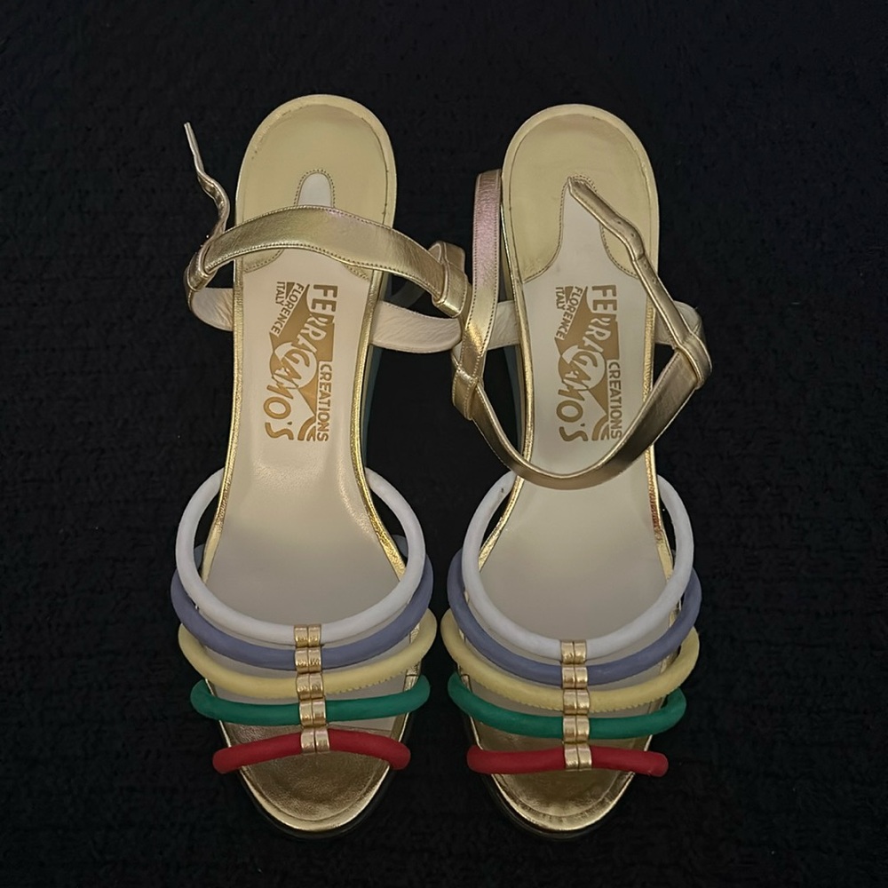 Ferragamo Creatives suede multicolor wedges from the archives collection.